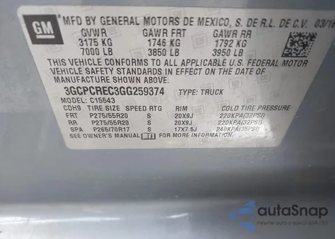 2016 Chevrolet Silverado 1500 1Lt z USA, uszkodzony, nr VIN 3GCPCREC3GG259374